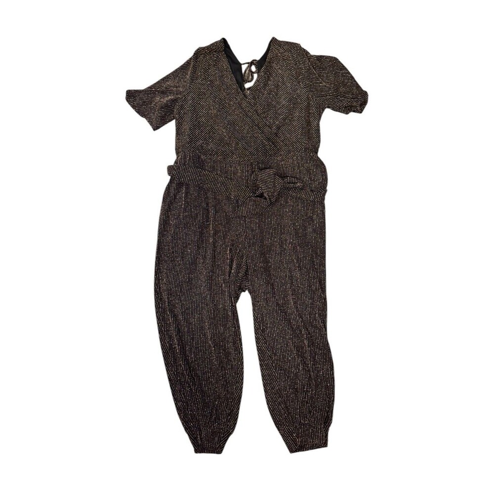 Torrid 1X Shimmer Stripe Surplice Jumpsuit Black Gold Stretch‎ Tie Belt